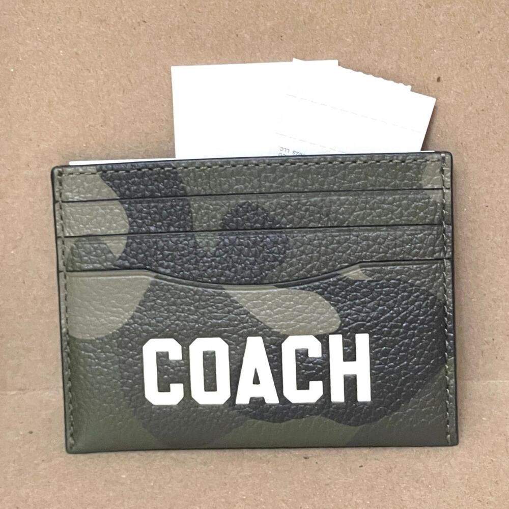 Coach CZ002 Camo Print Pebble Leather Card Case Green Slim Wallet